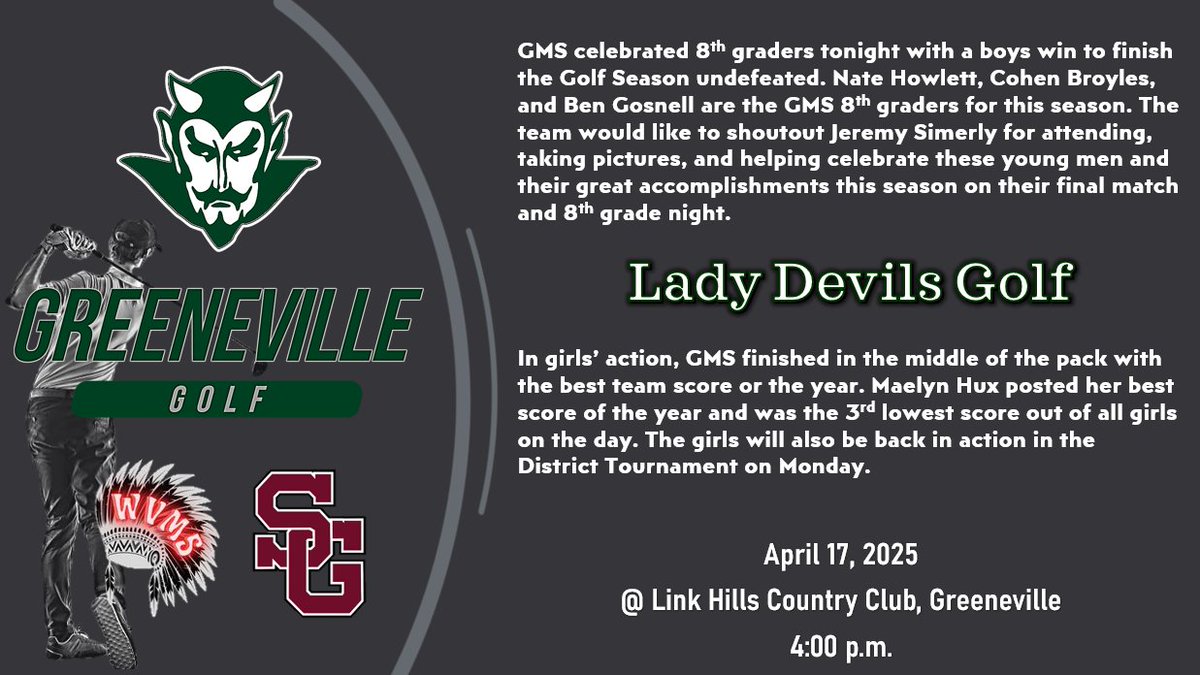 GMS Athletics, Golf
Girls' Golf Match Results
Go Devils! #RISEasONE #Weoverme
<a href="/GMS_greeneville/">Greeneville Middle School</a> <a href="/JAYMANgms/">Jason Shelton</a> <a href="/racheladamstn/">Dr. Rachel Adams</a>
<a href="/CoachMcCall65/">Andy McCall</a>
