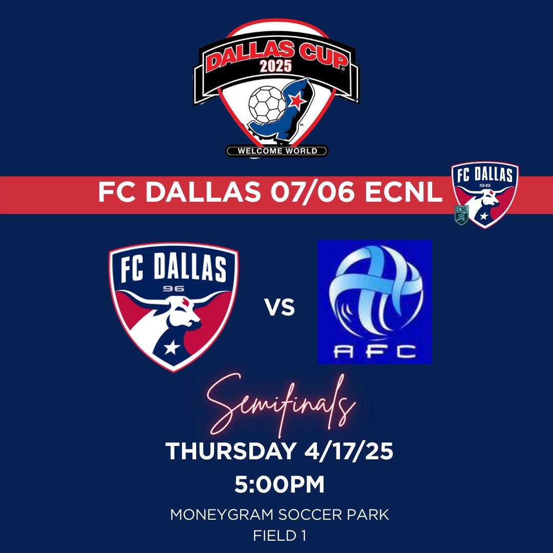 FCDallas07/06gECNL (@fcdallas07gecnl) on Twitter photo Semi-final game tomorrow‼️
📍Moneygram | Field 1
⏰ 5pm
🆚 Americas FC 06
<a href="/FCDGirlsECNL/">FC Dallas Girls ECNL</a> | <a href="/FCDallasYouth/">FC Dallas Youth</a> Semi-final game tomorrow‼️
📍Moneygram | Field 1
⏰ 5pm
🆚 Americas FC 06
<a href="/FCDGirlsECNL/">FC Dallas Girls ECNL</a> | <a href="/FCDallasYouth/">FC Dallas Youth</a>