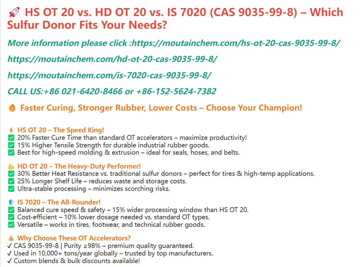 baijianjiance's tweet image. 🚀 HS OT 20 vs. HD OT 20 vs. IS 7020 (CAS 9035-99-8) – Which Sulfur Donor Fits Your Needs?
More information please click :moutainchem.com/hs-ot-20-cas-9…
moutainchem.com/hd-ot-20-cas-9…
moutainchem.com/is-7020-cas-90…
CALL US:+86 021-6420-8466 or +86-152-5624-7382
#RubberTech #CAS9035998 #OT20
