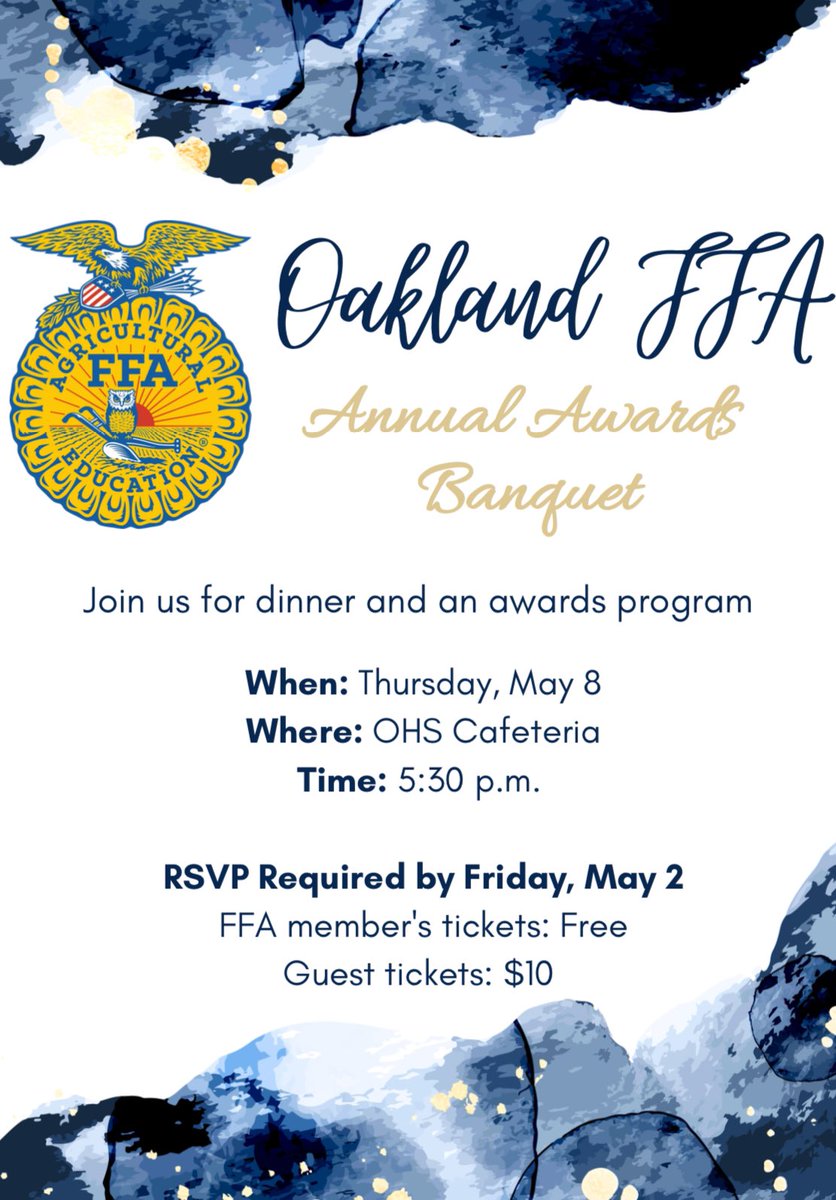 Thinking of attending the FFA awards banquet? Make sure you rsvp to an Advisor to attend! We will be serving dinner and will also be holding a silent auction! We hope you will join us to celebrate these hardworking students ! 🎉