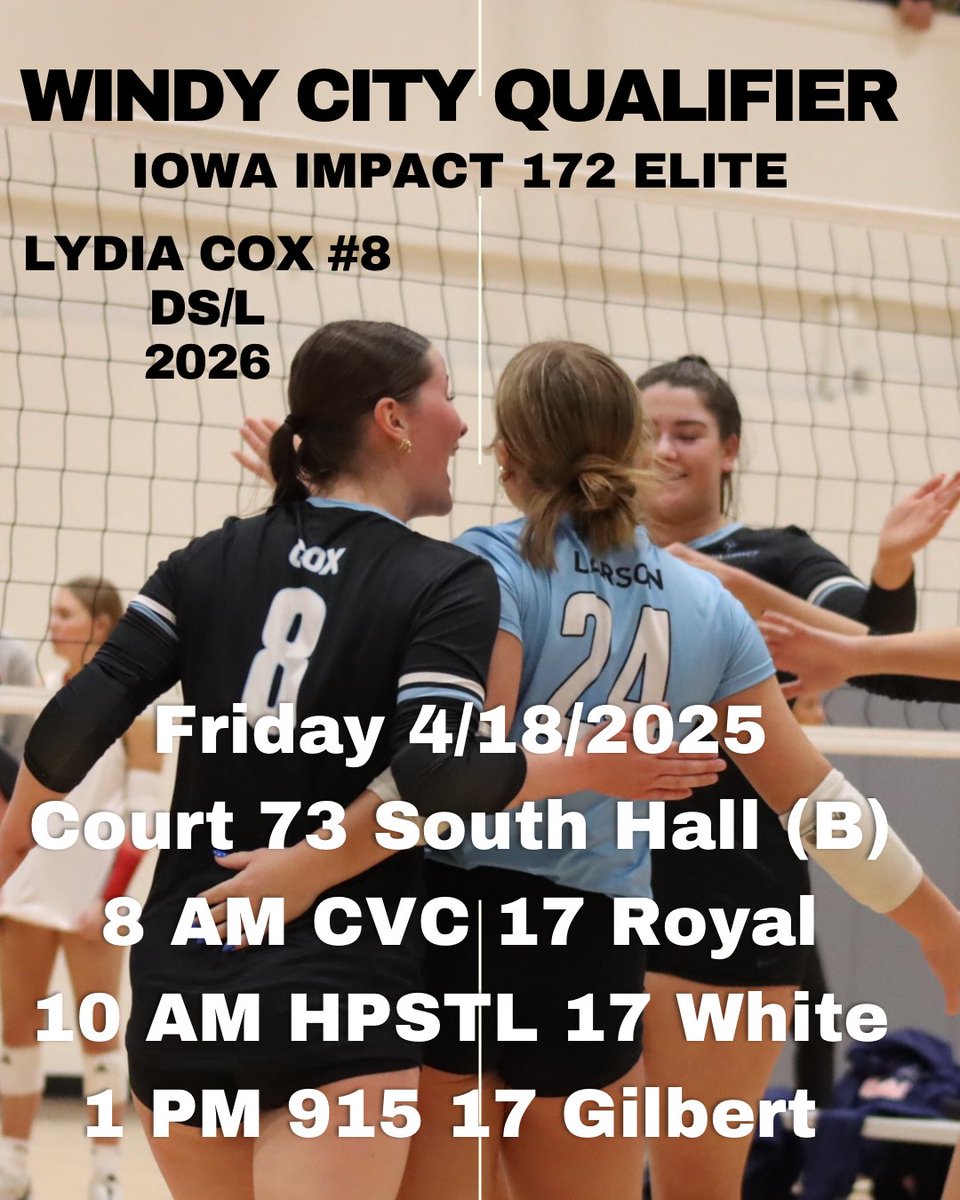Lydia Cox (@lydiacox08) on Twitter photo 2026 Lydia Cox DS/L
Excited for the Windy City Qualifier with <a href="/iowaimpactvbc/">Iowa Impact Volleyball Club</a> 172 Elite! Let’s Go Impact! #clubvolleyball
<a href="/PrepDigIA/">Prep Dig Iowa</a> 2026 Lydia Cox DS/L
Excited for the Windy City Qualifier with <a href="/iowaimpactvbc/">Iowa Impact Volleyball Club</a> 172 Elite! Let’s Go Impact! #clubvolleyball
<a href="/PrepDigIA/">Prep Dig Iowa</a>