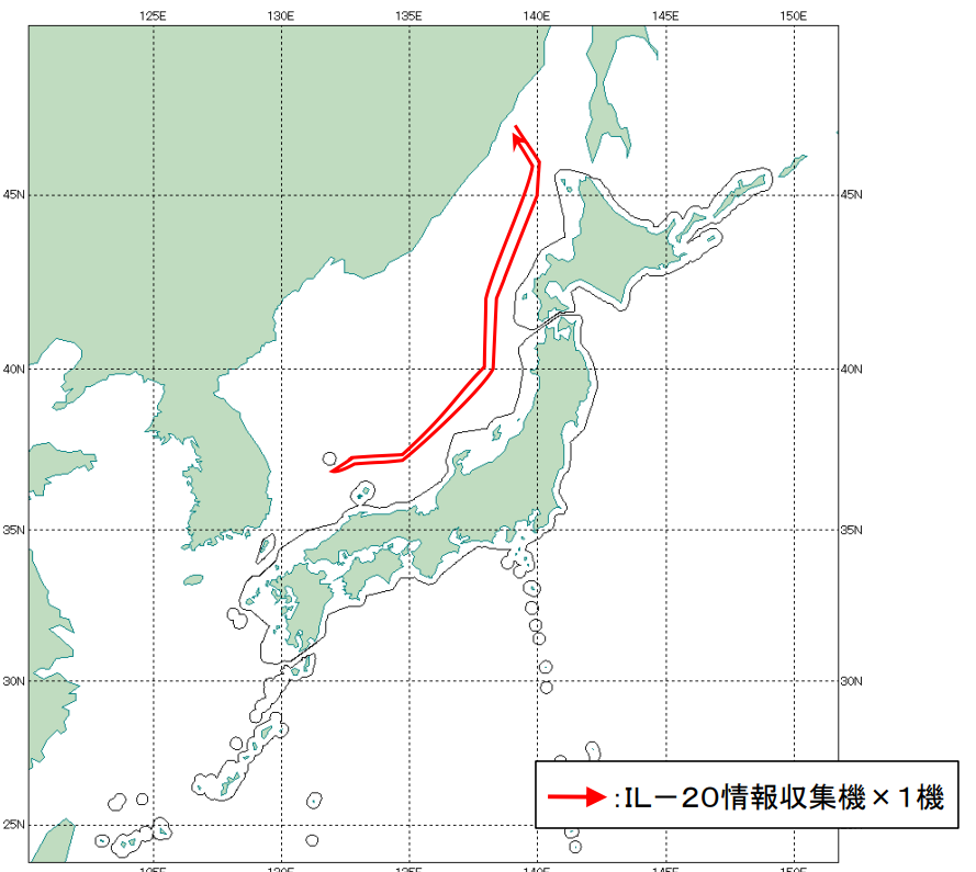jointstaffpa's tweet photo. 令和7年4月17日(木)、ロシアの情報収集機（IL-20）が、日本海上空を島根県隠岐島沖まで飛行したことを確認したため、#航空自衛隊 の北部航空方面隊等の戦闘機を #緊急発進 させ対応しました。 https://t.co/H1QUBThJDf