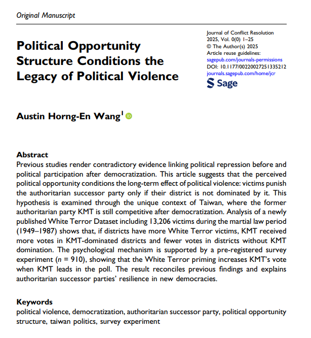 Austin H. Wang (@wearytolove) on Twitter photo My article, "Political Opportunity Structure Conditions the Legacy of Political Violence," is now online in the Journal of Conflict Resolution! After 8 years of data collection and coding, I am thrilled that this article is finally out!
<a href="/UNLVPoliSci/">UNLV PoliSci</a> <a href="/unlv/">UNLV</a>
journals.sagepub.com/eprint/8AHTD5E… My article, "Political Opportunity Structure Conditions the Legacy of Political Violence," is now online in the Journal of Conflict Resolution! After 8 years of data collection and coding, I am thrilled that this article is finally out!
<a href="/UNLVPoliSci/">UNLV PoliSci</a> <a href="/unlv/">UNLV</a>
journals.sagepub.com/eprint/8AHTD5E…