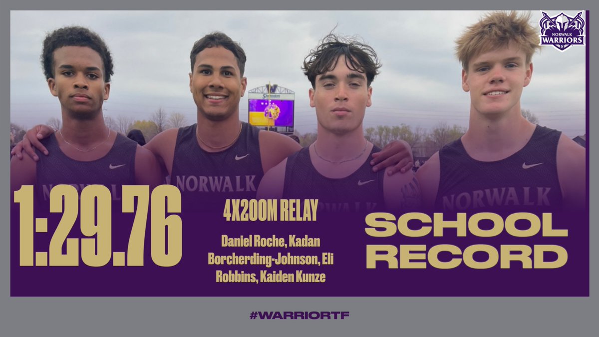 🚨SCHOOL RECORD🚨

Tonight, the team of Daniel Roche, Kadan Borcherding-Johnson, Eli Robbins, and Kaiden Kunze finished with a time of 1:29.76 - this time breaks the old record set in 2023!

#WarriorTF🛡️