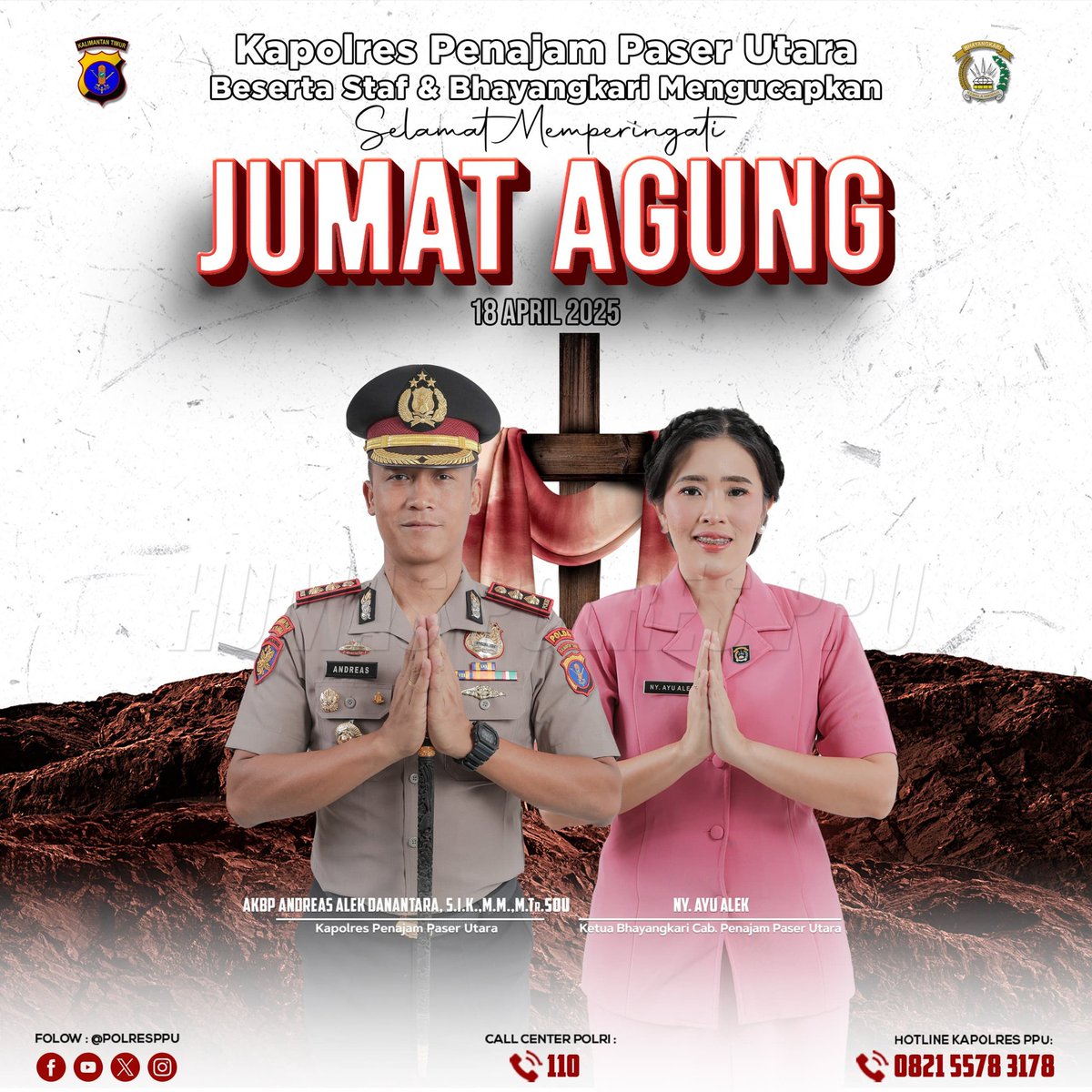 skckresppu's tweet photo. Kapolres Penajam Paser Utara beserta Staf dan Bhayangkari Mengucapkan Selamat Memperingati Jumat Agung Wafatnya Isa Almasih 18 April 2025

 #polri #divhumas #poldakaltim #coolingsystem #IKN_ #ibukotanusantara #Mahakam https://t.co/5310o2Y78x