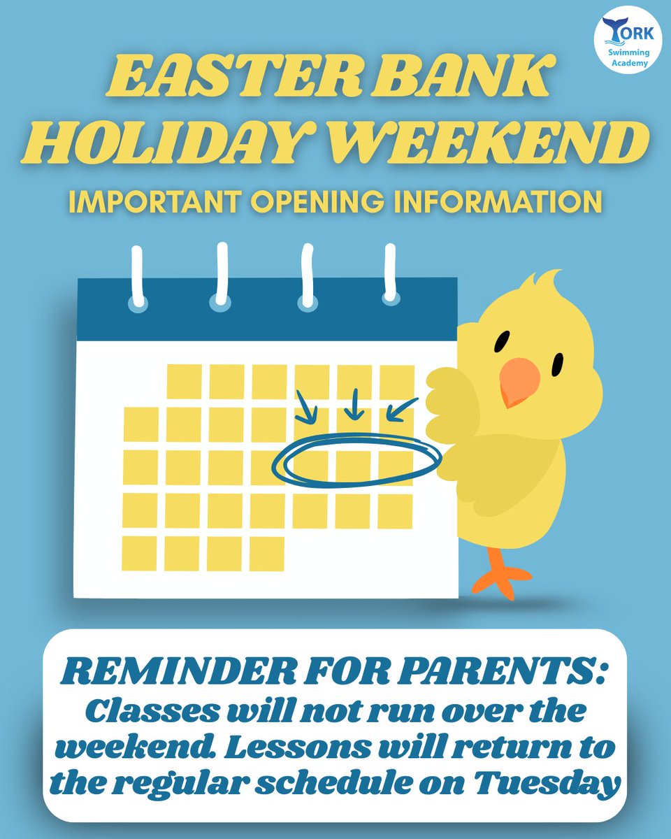 EASTER WEEKEND OPENING TIMES 📅🐣

As a reminder for parents, our classes will NOT be running over the Bank Holiday Weekend. The classes will return to normal on Tuesday 22nd April.

Thank you for your understanding, and we hope you have a wonderful weekend! 🐣🐇

🐇🍫☀️🐣