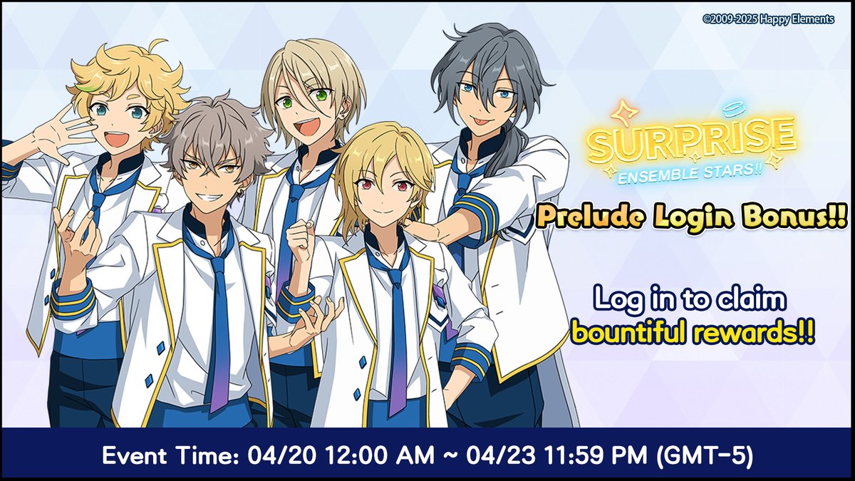 enstarsmusic_EN's tweet photo. ⭐Surprise!! Celebration | Prelude Login Bonus⭐

⏰Time: 04/20 12:00 AM ~ 04/23 11:59 PM (GMT-5)

Log in for four days to claim Gems in random colors and Diamond×350.

Get ready—the party is about to begin! https://t.co/8Kworm9lsW