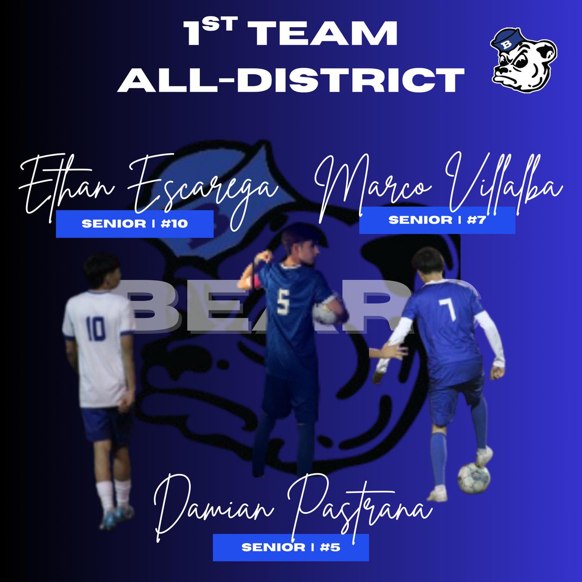Congratulations to the following players for being selected to the 1-4A All-district First Team:

Ethan Escarcega; SR; Mid
Damian Pastrana; SR; Mid 
Marco Villalba; SR;  Def

🐻⚽