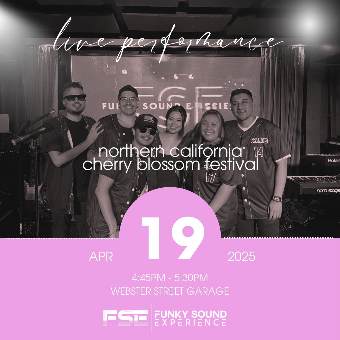 WeAreFSE's tweet photo. SATURDAY, APRIL 19th we are back @nc_cbf 🌸 come see our set at the Webster Street Stage 4:45pm-5:30pm see yall there! #wearefse #fseband #bayarea #sanfrancisco #liveband #livemusic #coverband #entertainment #cherryblossom #festival https://t.co/ZH65vGEg1X