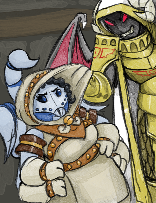 PentaclesQuest's tweet photo. Oragatt sneers at Herocea 'Your dress is unacceptable, I will fashion you something fitting for service!' she then grips the denmother 'This pile of rags with suffice as raw materials.

Foreman Baphora says something about having material stores, Oragatt ignores this statement. https://t.co/CNU1KnG5zM