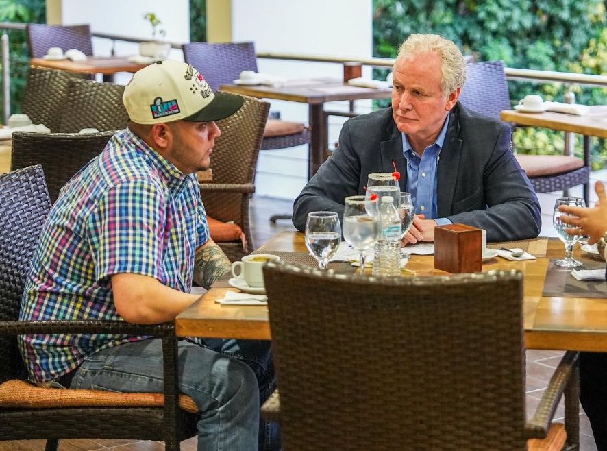 Democrat Senator meets with suspected MS-13 gang member Kilmar Abrego Garcia in El Salvador. 

Senator Chris Van Hollen met with Garcia, who has been dubbed ‘Maryland Man’ after he was deported back to El Salvador and detained in the countries CECOT prison. 

The Trump
