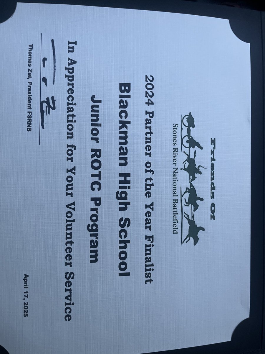 BlazeJROTC's tweet image. We are honored to attend the Friends of Stones River National Battlefield partner of the decade dinner, and we are proud to be a Partner of the Year Finalist!