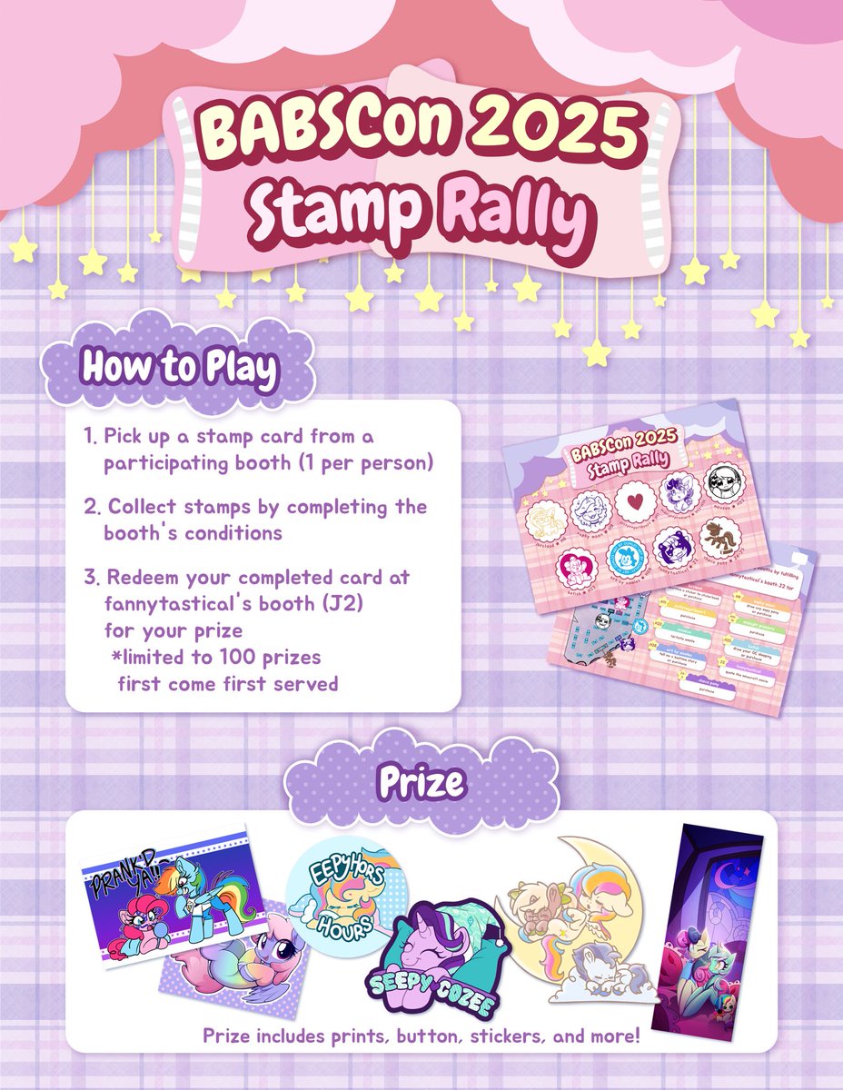 fannytastical's tweet image. I'm hosting a Slumber Party themed stamp rally at @BABSCon 2025!
💕Participating Artists 💕
@LBRCloud💜@saphypone💗@MoozuaMary💜@BefishProd💗@MidPrem 💜@TransformARTive 💗@FloofieDrawz 💜@OomlesPony