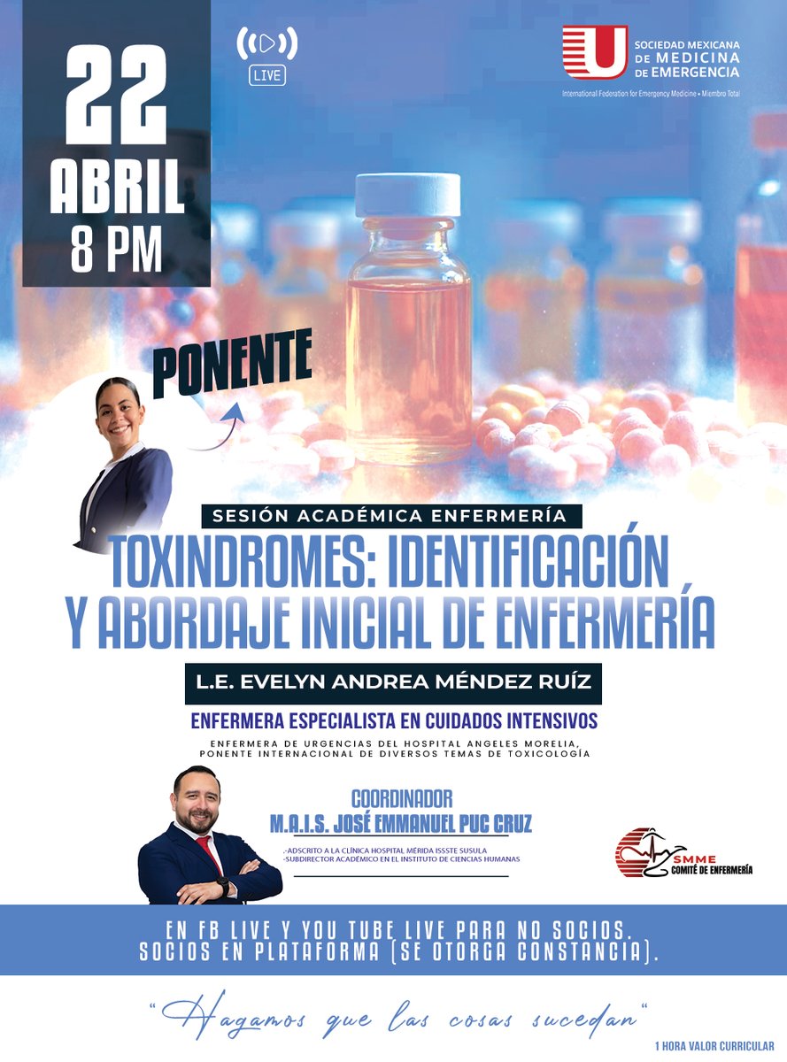 🚨 ¡Enfermer@s! #SMME
¿List@s para identificar un toxíndrome en segundos? 🧪⚡
🗓️ 22 de abril | 8 PM
📡 En vivo: Facebook y YouTube Live
🎓 Tema: TOXÍNDROMES para enfermería
👩‍🏫 L.E. Evelyn Méndez
📄 Constancia socios en smme-ac.com
#Toxíndromes #EnfermeríaUrgencias