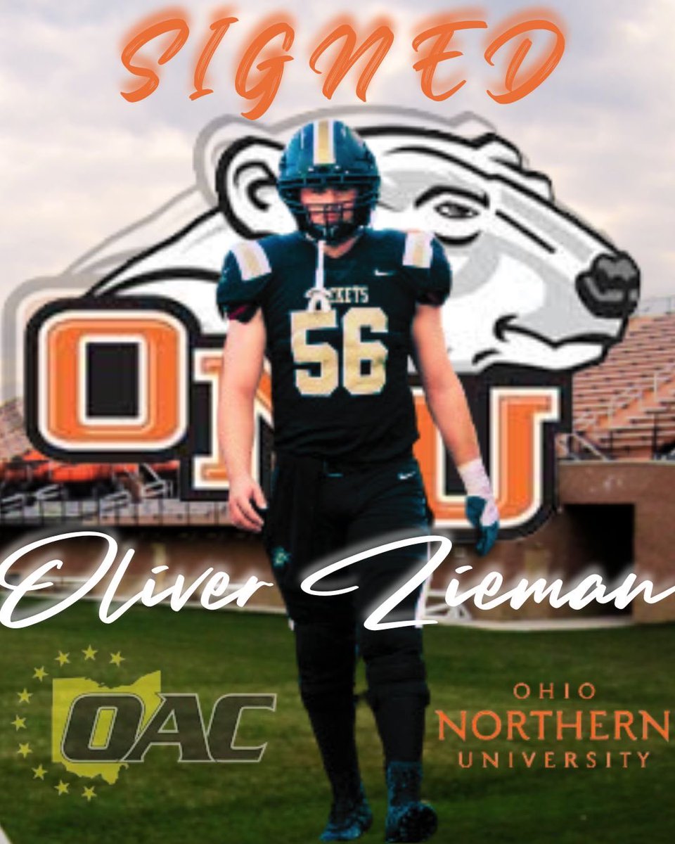 Oliver Zieman (@oliverzieman) on Twitter photo Excited and blessed to sign with <a href="/OhioNorthernFB/">Ohio Northern Football</a>!! Honored to have an opportunity to play at the next level. Huge thanks to all my teammates, coaches, friends, family, and teachers who supported me through the years! <a href="/dirk_conner/">Dirk Conner</a> <a href="/mkeward/">Mike Ward</a> <a href="/Coach_Fries/">Andy Fries ❄️</a> Excited and blessed to sign with <a href="/OhioNorthernFB/">Ohio Northern Football</a>!! Honored to have an opportunity to play at the next level. Huge thanks to all my teammates, coaches, friends, family, and teachers who supported me through the years! <a href="/dirk_conner/">Dirk Conner</a> <a href="/mkeward/">Mike Ward</a> <a href="/Coach_Fries/">Andy Fries ❄️</a>