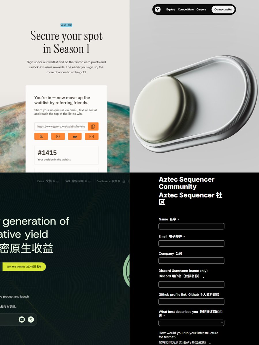 GM 今天顺手填下这几个候补名单

1⃣超大额融资100M的<a href="/aztecnetwork/">Aztec</a>公共测试网马上上了
填表：tally.so/r/n0k0oN 

加入DC：discord.gg/aztec

2⃣Neutrl 5M融资@neutrl_labs候补名单

🔗：neutrl.fi

3⃣a16z CSX和Delphi Ventures <a href="/getoro_xyz/">ORO AI</a>  领投6M融资候补名单
