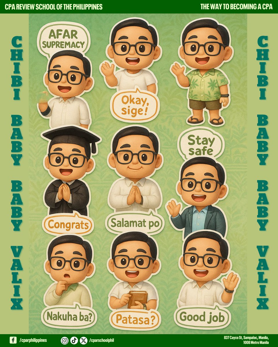 cparschoolphil's tweet photo. The Valix Sticker Collection is now complete! Get your Chibi Baby Baby Valix now! 💚💚💚 Share on your feed for triple luck! 🍀

#pillarofaccountancyeducation #thewaytobecomingacpa #CPAreview #CPAR https://t.co/OSH2l52G2p