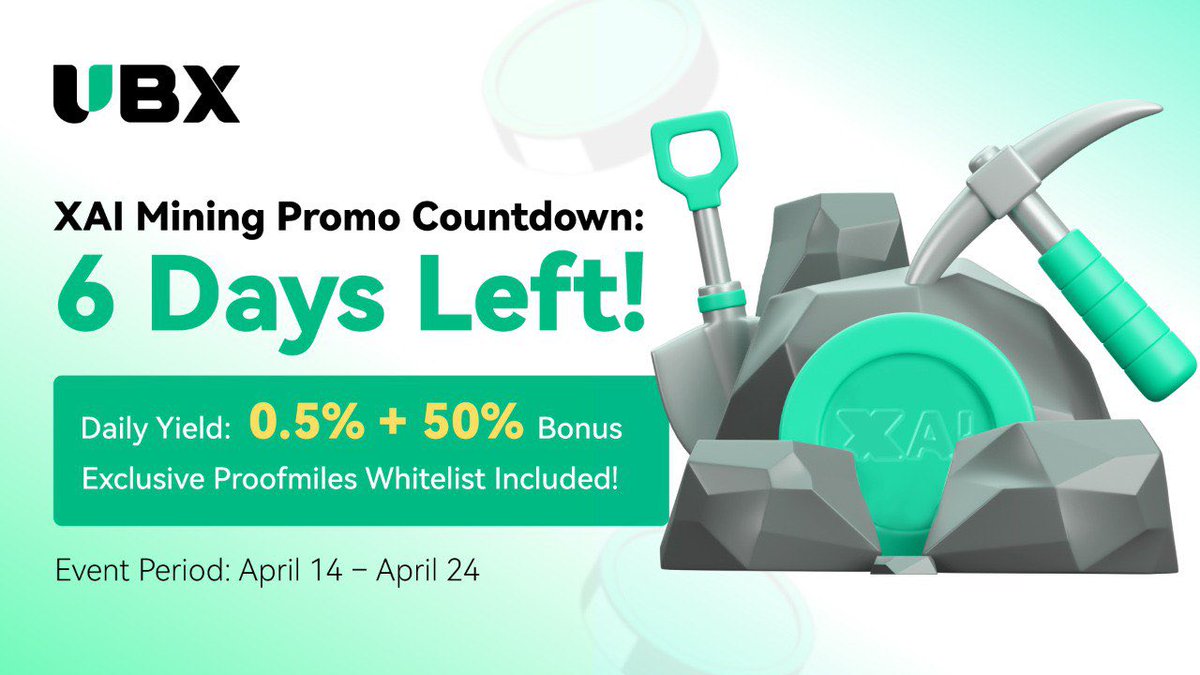 UBX_Official's tweet image. 🔥 6 Days Left — XAI Mining in Full Swing!

💰 0.5% Daily + 50% Bonus Rewards
🎁 Exclusive whitelist access to Launchpad project Proofmiles

📈 XAI price keeps rising — every token mined today is tomorrow’s gain!