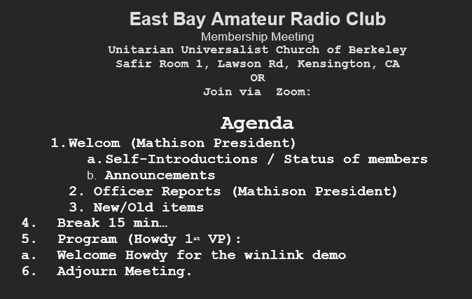 w6cus's tweet image. Next EBARC General Meeting: Friday, April 18th. 
Time: 7:00 pm 

Location (in-Person): Unitarian Universalist Church of Berkeley, Safir Room - 1 Lawson Rd., Kensington, CA  

Hams and guests invited to attend.   
Members: check email for current Zoom info.  

73