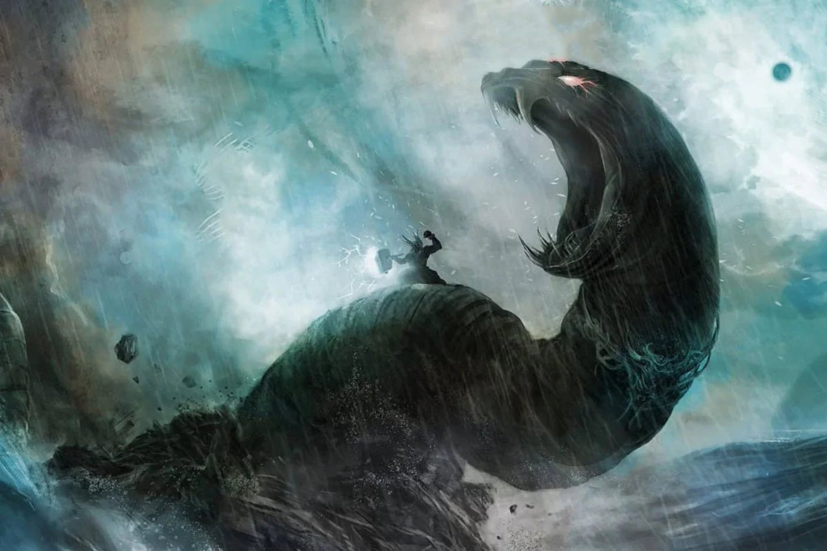 Jormungandr, si ular raksasa dari mitologi Nordik yang bikin orang-orang kagum sekaligus ngeri. Bayangin, ini bukan ular biasa kayak di kebun binatang, tapi monster laut yang luar biasa besar bahkan badannya bisa melingkari seluruh dunia! ujung kepala sampe ekor ketemu gitu!