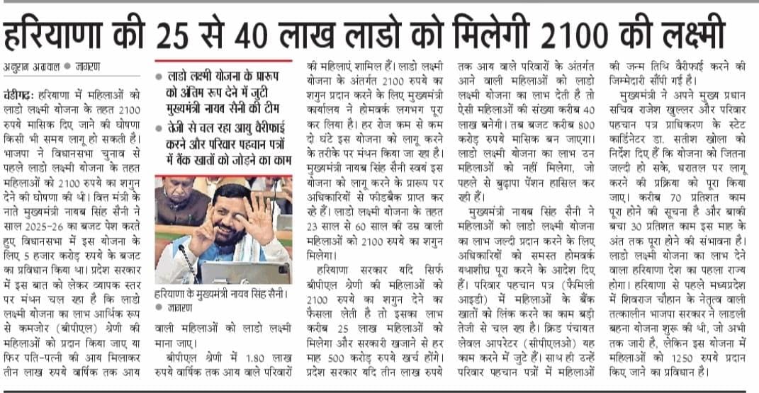 Haryana BJP (@bjp4haryana) on Twitter photo लाडो लक्ष्मी योजना के प्रारूप को अंतिम रूप देने में जुटी मुख्यमंत्री श्री नायब सैनी जी की टीम।
तेजी से चल रहा आयु वैरीफाई करने और परिवार पहचान पत्रों में बैंक खातों को जोड़ने का काम।
<a href="/NayabSainiBJP/">Nayab Saini</a> लाडो लक्ष्मी योजना के प्रारूप को अंतिम रूप देने में जुटी मुख्यमंत्री श्री नायब सैनी जी की टीम।
तेजी से चल रहा आयु वैरीफाई करने और परिवार पहचान पत्रों में बैंक खातों को जोड़ने का काम।
<a href="/NayabSainiBJP/">Nayab Saini</a>