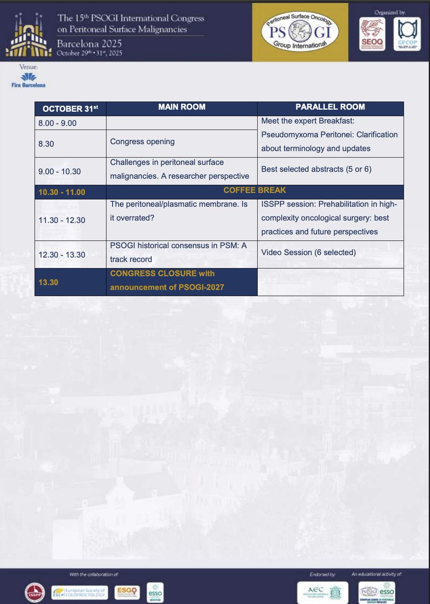 Peritoneal Surface Oncology Group International (@psogi_ec) on Twitter photo 📣📣📣📣
🆕🆙▶️
Great news for a Good Friday!!!
The scientific program of the 15th Peritoneal Surface Oncology Group International (PSOGI) Congress <a href="/PSOGI_EC/">Peritoneal Surface Oncology Group International</a> is published online!! It will boost your wish to join us in Barcelona in October.
#PSOGI2025
#PSOGIBARCELONA
⏬⏬⏬ 📣📣📣📣
🆕🆙▶️
Great news for a Good Friday!!!
The scientific program of the 15th Peritoneal Surface Oncology Group International (PSOGI) Congress <a href="/PSOGI_EC/">Peritoneal Surface Oncology Group International</a> is published online!! It will boost your wish to join us in Barcelona in October.
#PSOGI2025
#PSOGIBARCELONA
⏬⏬⏬