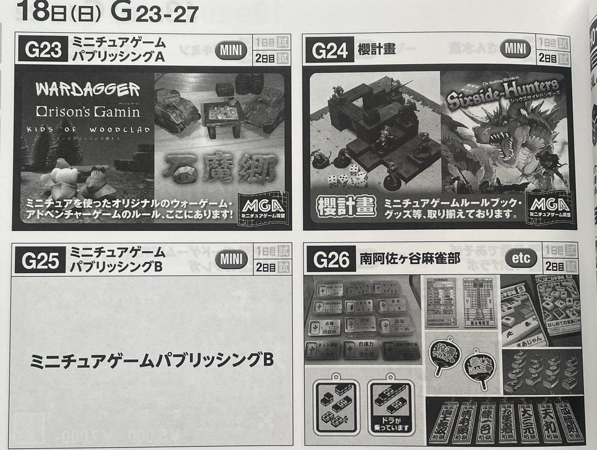 すいません。今日あたりから届いているゲムマのカタログですが、自分の手違い日曜日G25の「ミニチュアゲームパブリッシングB」のカットが抜けてました。申し訳ないです。今回は3つのMGA（ミニチュアゲーム同盟）のブースがあるので、是非お立ち寄りください。