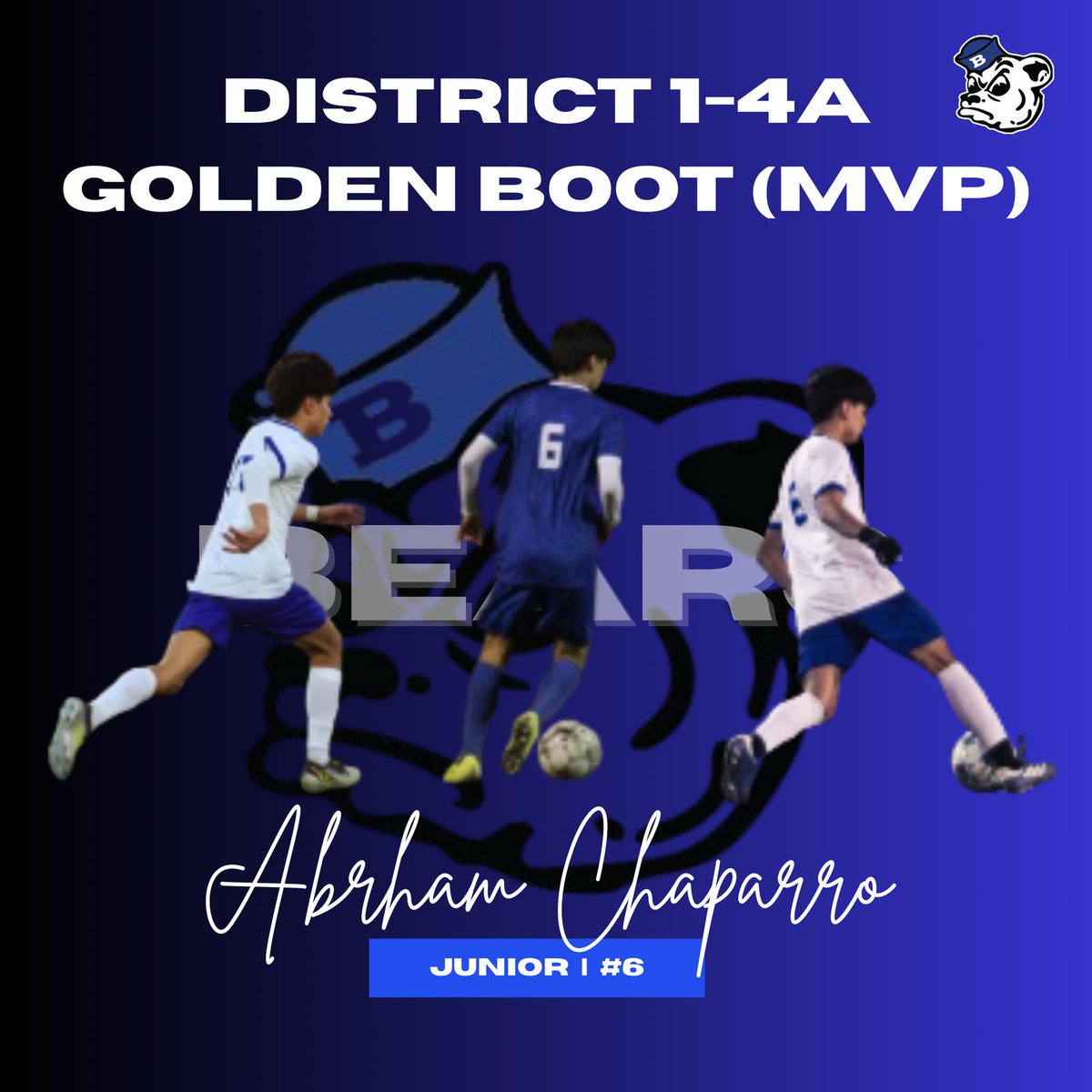 Congratulations to Junior forward Abraham Chaparro for winning the 1-4A Golden Boot Award (MVP). Abraham recorded 36 goals and 11 assists this season!....🐻⚽