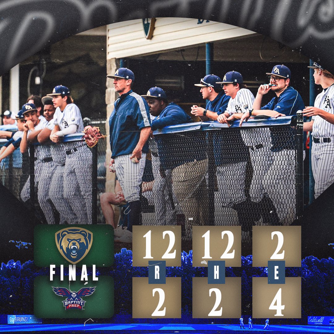 Athletics | Pulaski Academy (@pa_bruins) on Twitter photo FINAL: Bruins 12, Baptist Prep 2 (5 inn.)
PA racks up 12 hits and 10 RBIs in a dominant win. Edwards (3-4, 2 RBI), Svoboda (HR, 3 BB), and Jackson (2-3) led the way. Kimball K’d 5 in 2.1 IP for the win. Bruins host Robinson Tuesday in 4A-5 play. FINAL: Bruins 12, Baptist Prep 2 (5 inn.)
PA racks up 12 hits and 10 RBIs in a dominant win. Edwards (3-4, 2 RBI), Svoboda (HR, 3 BB), and Jackson (2-3) led the way. Kimball K’d 5 in 2.1 IP for the win. Bruins host Robinson Tuesday in 4A-5 play.