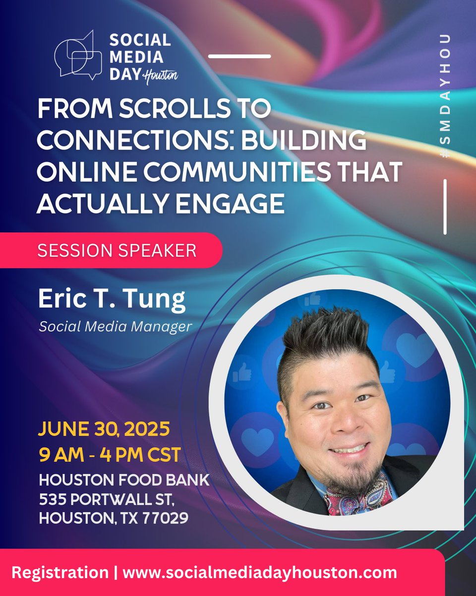 Excited to be speaking at #SMDayHOU on June 30th! Join my session "From Scrolls to Connections: Building Online Communities that Actually Engage" from 2:00-2:45 PM. Learn actionable strategies to boost engagement &amp; practical tips for fostering real connections. Grab your $30 off