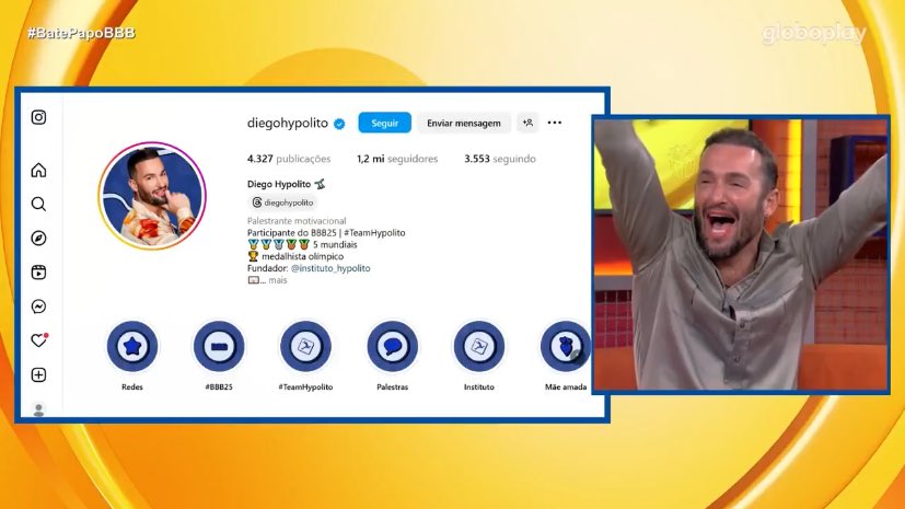 Ele todo felizinho que conseguiu bater 1 milhão de seguidores. VOCÊ MERECE, DI! 👏🏻💙 #TeamHypolito #BBB25
