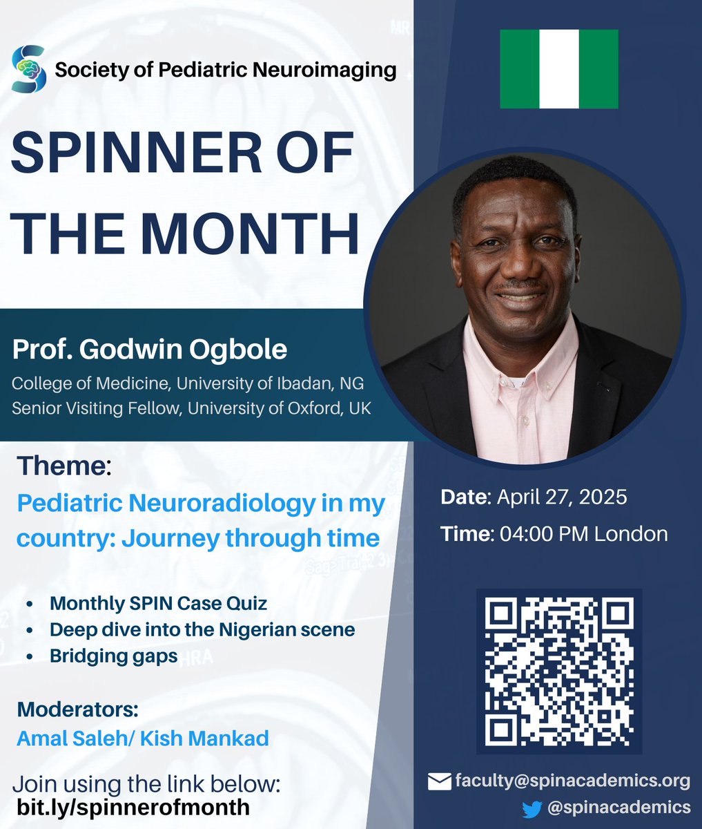 SPIN | Society of Pediatric Neuroimaging (@spinacademics) on Twitter photo This Sunday we travel to the awesome African continent to meet our Spinner of the Month <a href="/GOgbole/">idomapikin</a> . Folks there are prizes to be won at this event- can you handle the strongly instructive quiz cases from Nigeria?
See you there with <a href="/AmalSalehNour/">Amal Saleh</a> <a href="/drmankad/">Dr Kish Mankad</a> <a href="/zguroztekin/">Özgür Öztekin</a>. This Sunday we travel to the awesome African continent to meet our Spinner of the Month <a href="/GOgbole/">idomapikin</a> . Folks there are prizes to be won at this event- can you handle the strongly instructive quiz cases from Nigeria?
See you there with <a href="/AmalSalehNour/">Amal Saleh</a> <a href="/drmankad/">Dr Kish Mankad</a> <a href="/zguroztekin/">Özgür Öztekin</a>.