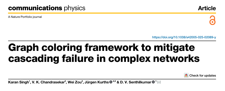 CSL_iisertvm's tweet photo. @KaranSi00524026  et al. present a graph-colouring-based framework in @CommsPhys to identify a minimal set of critical nodes using only local topology to mitigate the cascading failure, ensuring near-complete network survivability. 
Check it out: https://t.co/icocgmojwu https://t.co/cBlcZuocCm