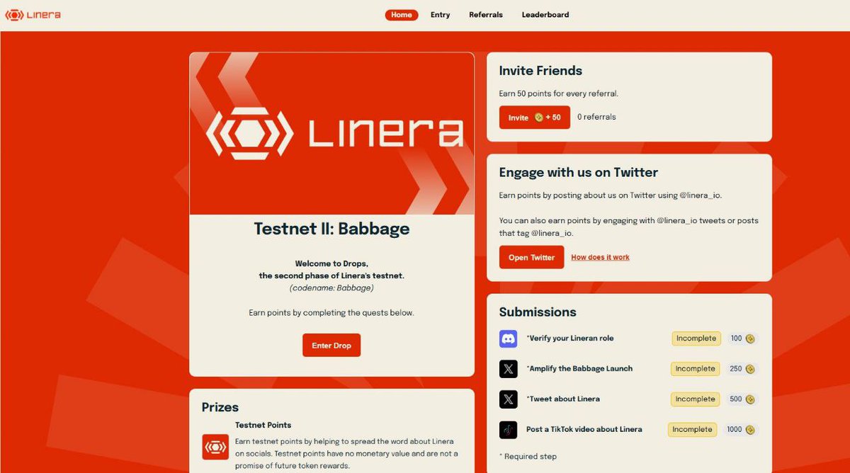 #Linera testnet is Live🥳

Invite link 🔗👇
drops.linera.io/invite?code=TE…
> login with google account
> go to profile > connect social account
> go to home > complete all task > claim points rewards🤝🎉

<a href="/Linera_io/">Linera ⛓️</a> is the alpha #microchains