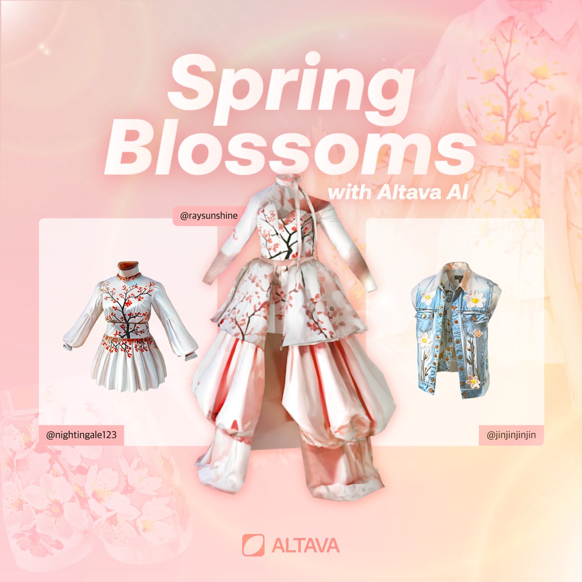 Altava_ai's tweet image. Spring vibes + AI creativity = 💯🌸
All these fashion pieces were created by users with ALTAVA AI!
Spring never looked this good — start designing your own today.
👉You can totally try this style for the current challenge too!
altava.com