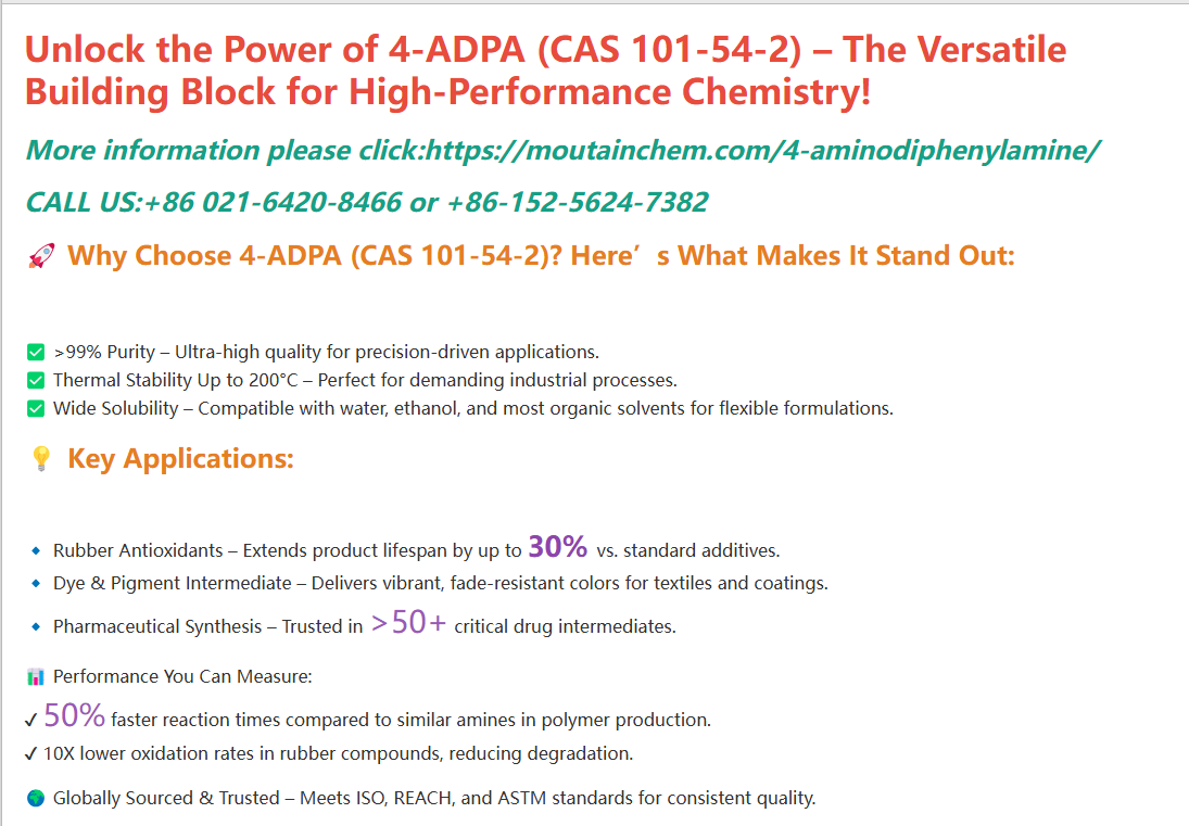 baijianjiance's tweet image. Unlock the Power of 4-ADPA (CAS 101-54-2) – The Versatile Building Block for High-Performance Chemistry!
More information please click:moutainchem.com/4-aminodipheny…
CALL US:+86 021-6420-8466 or +86-152-5624-7382
#ChemicalInnovation #4ADPA #RubberAdditives #DyeIntermediate #CAS101542