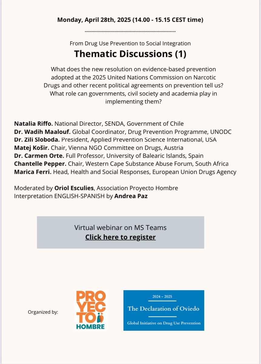 Quizá te interesa el próximo #debatevirtual, previsto para el 28 de abril a las 14.00pm CEST, sobre las implicaciones de la #resolución adoptada por las #NacionesUnidas sobre #prevención basada en #evidencia. Ver adjunto el #programa y enlace de #inscripción.
