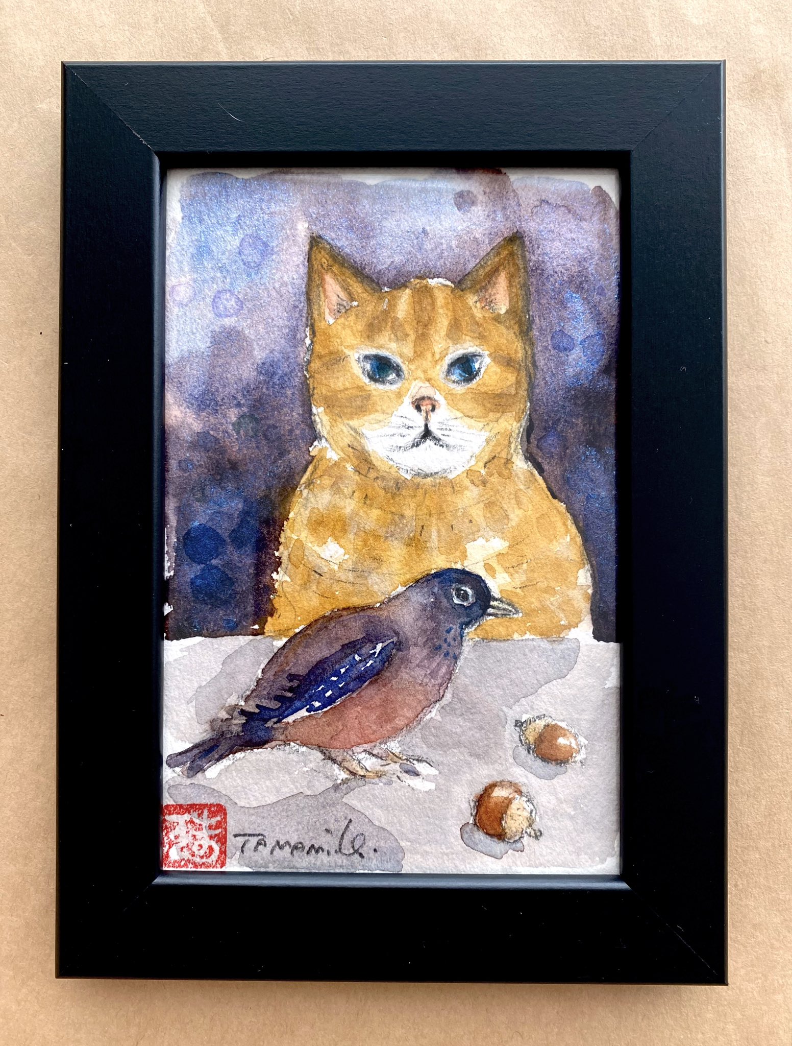 手書き 水彩画 絵画 猫とすずめ 手書き 水彩画 絵画 猫とすずめ 手書き 水彩画 絵画 猫とすずめ