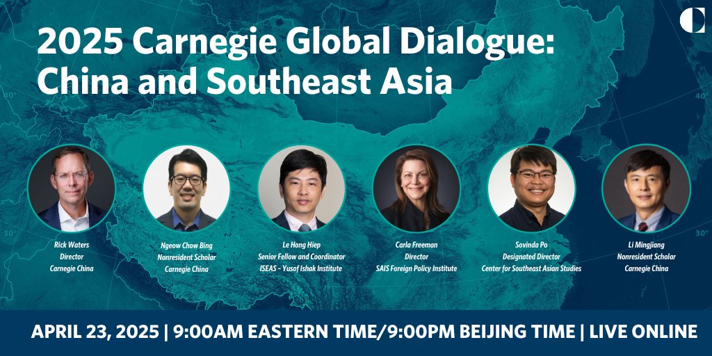 Carnegie China (@carnegiechina) on Twitter photo 随着习近平主席于本周结束对东南亚的访问,欢迎参加我们下周三(4月23日)美东时间早9点/北京时间晚9点的卡内基全球对话,华自强(<a href="/watersrick/">rick waters</a>)、饶兆斌、黎洪和(<a href="/lhhiep/">Le Hong Hiep</a>)、卡拉•费里曼(<a href="/CarlaPFreeman/">sinocentric</a>)、索文达•波(<a href="/sovinda_po/">Sovinda Po</a>)和李明江将探讨中国-东南亚关系。carnegieendowment.org/events/2025/04… 随着习近平主席于本周结束对东南亚的访问,欢迎参加我们下周三(4月23日)美东时间早9点/北京时间晚9点的卡内基全球对话,华自强(<a href="/watersrick/">rick waters</a>)、饶兆斌、黎洪和(<a href="/lhhiep/">Le Hong Hiep</a>)、卡拉•费里曼(<a href="/CarlaPFreeman/">sinocentric</a>)、索文达•波(<a href="/sovinda_po/">Sovinda Po</a>)和李明江将探讨中国-东南亚关系。carnegieendowment.org/events/2025/04…