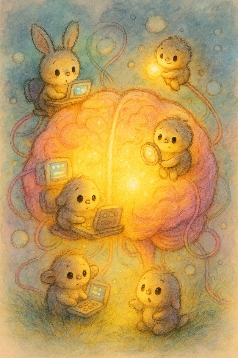 artivision2611's tweet photo. 🧠✨ How AI really works…
Tiny Vibbies inside a glowing brain, carrying ideas, chasing sparks, and whispering data dreams to each other.
They don’t just compute – they wonder. 💡💭
#vibbies #aiart #cutescience #brainlab #whimsicaltech #illustratedemotion #softaesthetic https://t.co/H2Hv163UBS