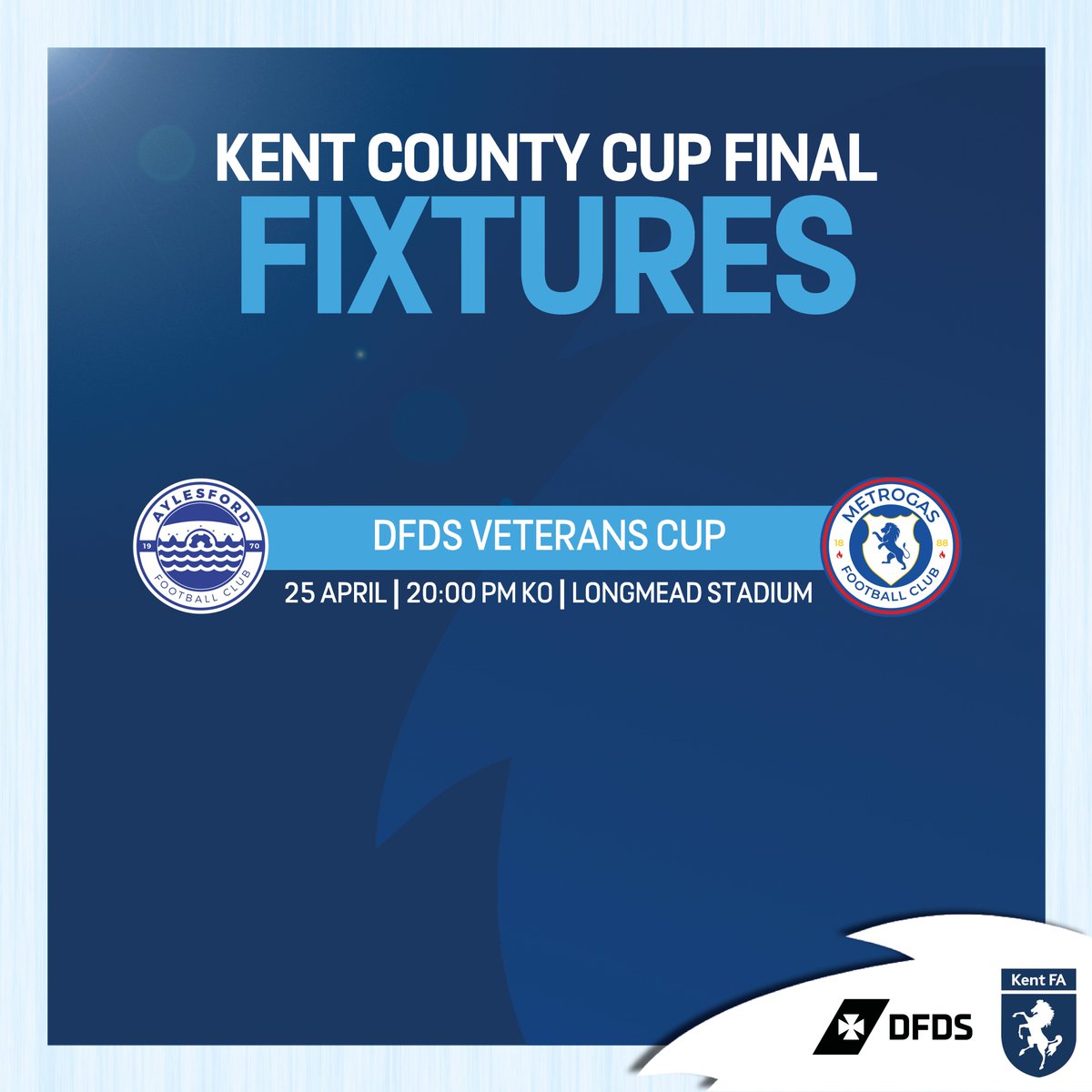 KENT COUNTY CUP FINALS 🏆| Onto the next Kent County Cup Final!

This Friday, we head to <a href="/tonbridgeangels/">Tonbridge Angels</a>'s Halcyon Wealth Longmead Stadium for the DFDS Kent Veterans cup Final: <a href="/aylesford_fc/">Aylesford Football Club</a> vs <a href="/MetrogasFC/">Metrogas FC</a>.

A huge thank you to our County cup partners, <a href="/dfds_ukire/">DFDS UK & IRE</a>, for their