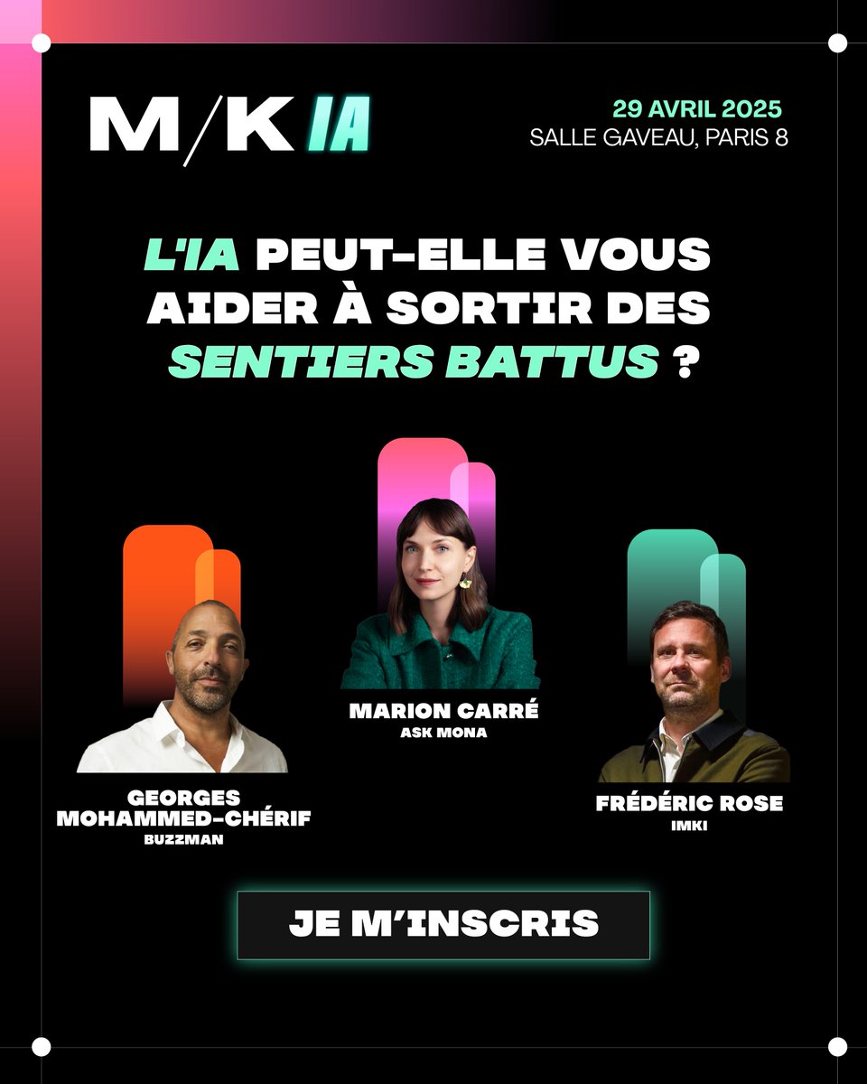 L’IA a-t-elle ce petit grain de folie qu’on appelle la créativité ? 👨‍🎨

Nos speakers de <a href="/BUZZMAN_TIME/">BUZZMAN_TIME</a>, <a href="/AskMonaParis/">Ask Mona</a> et #Imki vont décrypter le rôle de l’IA dans les processus créatifs.

📔 Ajoutez-le à votre agenda : maddykeynote.com