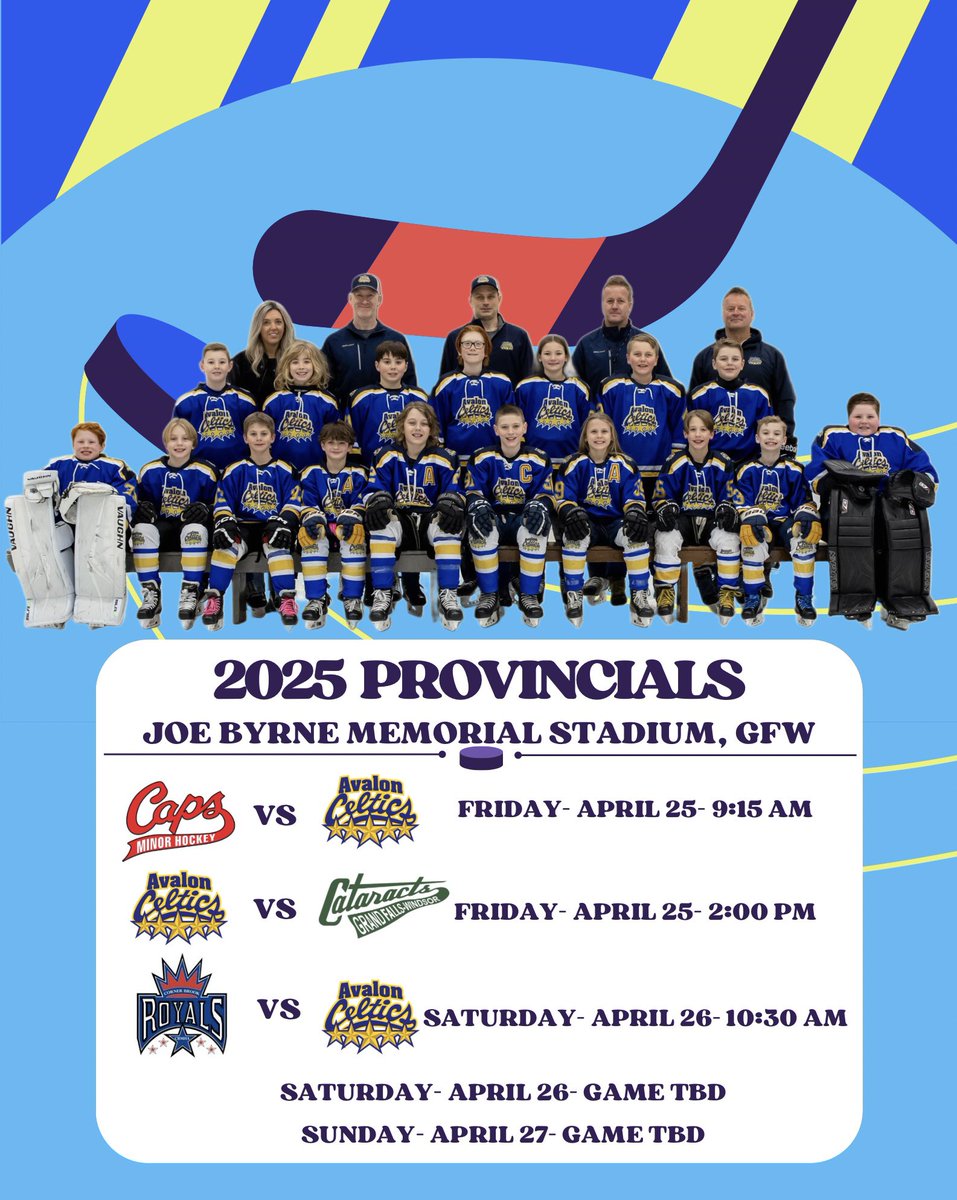 Avalon Celtics U11A (@avalonu11a) on Twitter photo U11A are ONE WEEK away from the 2024-2025 season Provincials in Grand Falls-Windsor!!!
Get ready for an action-packed weekend!
There will be a game played on Saturday and Sunday and times will be determined later!
Let’s GOOOOOO Avalon Celtics 💙💛🏒🥅
<a href="/AvalonCeltics/">Avalon Celtics</a> U11A are ONE WEEK away from the 2024-2025 season Provincials in Grand Falls-Windsor!!!
Get ready for an action-packed weekend!
There will be a game played on Saturday and Sunday and times will be determined later!
Let’s GOOOOOO Avalon Celtics 💙💛🏒🥅
<a href="/AvalonCeltics/">Avalon Celtics</a>