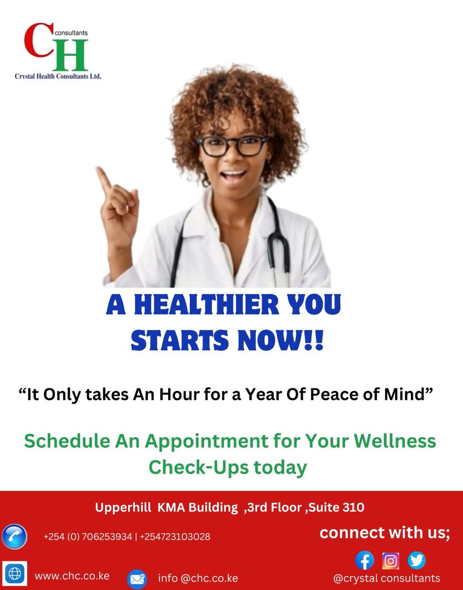 When was your last wellness check-up? 
Your health is your most valuable asset, and investing one hour can ensure peace of mind all year. 
Contact us to book your appointment today: +254 706 253 934 | +254 723 103 028, Upperhill KMA Center 3rd Floor. #Good Friday #Happy Easter.