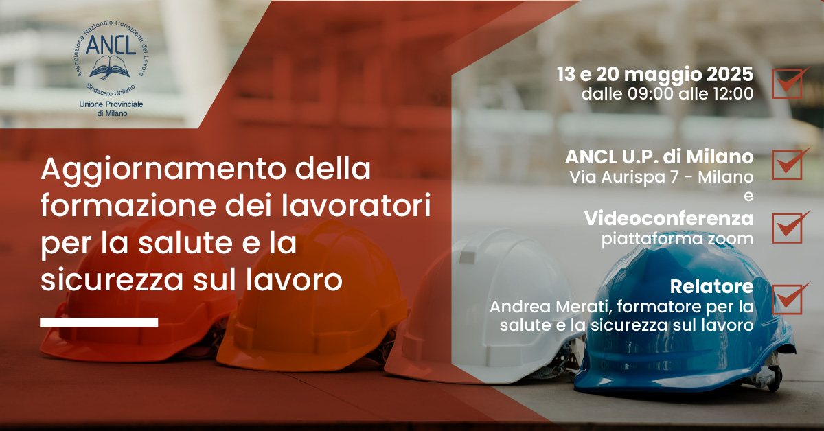 ‼ CORSO IN PARTENZA ‼
📢 Aggiornamento Sicurezza sul posto di lavoro – Sei in regola? 🦺
 ➡ anclmilano.it/formazione-anc…

#SicurezzaSulLavoro #Formazione #ANCL #AggiornamentoProfessionale