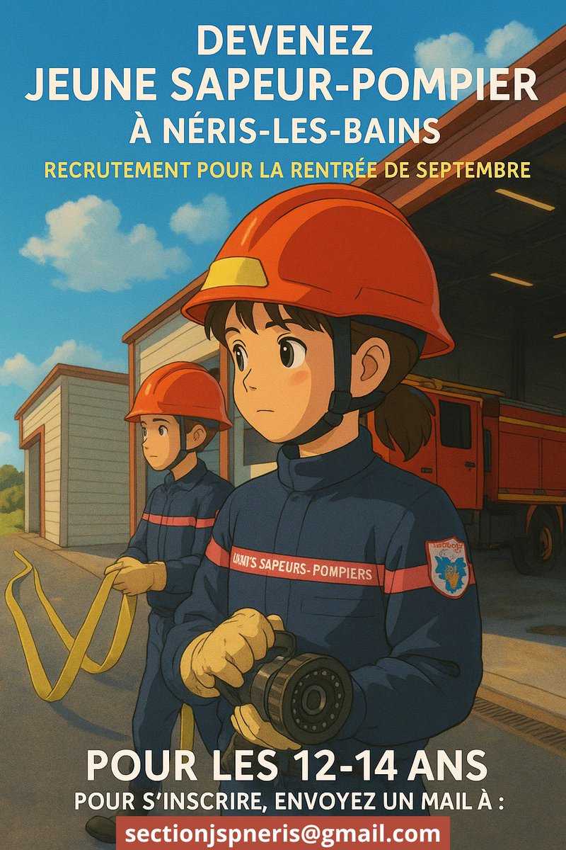 Amicale SP Néris-les-bains (@amicalespneris) on Twitter photo 𝗥𝗘𝗖𝗥𝗨𝗧𝗘𝗠𝗘𝗡𝗧 𝗝𝗦𝗣 🧑🚒
Tu as entre 𝟭𝟮 𝗲𝘁 𝟭𝟰 𝗮𝗻𝘀 et 𝘁𝘂 𝗿𝗲̂𝘃𝗲𝘀 𝗱𝗲 𝗱𝗲𝘃𝗲𝗻𝗶𝗿 𝘀𝗮𝗽𝗲𝘂𝗿-𝗽𝗼𝗺𝗽𝗶𝗲𝗿 ?
Rejoins notre école de Jeunes Sapeurs-Pompiers.
Pour t’inscrire, envoies nous ta candidature par mail à l’adresse sectionjspneris@gmail.com 𝗥𝗘𝗖𝗥𝗨𝗧𝗘𝗠𝗘𝗡𝗧 𝗝𝗦𝗣 🧑🚒
Tu as entre 𝟭𝟮 𝗲𝘁 𝟭𝟰 𝗮𝗻𝘀 et 𝘁𝘂 𝗿𝗲̂𝘃𝗲𝘀 𝗱𝗲 𝗱𝗲𝘃𝗲𝗻𝗶𝗿 𝘀𝗮𝗽𝗲𝘂𝗿-𝗽𝗼𝗺𝗽𝗶𝗲𝗿 ?
Rejoins notre école de Jeunes Sapeurs-Pompiers.
Pour t’inscrire, envoies nous ta candidature par mail à l’adresse sectionjspneris@gmail.com