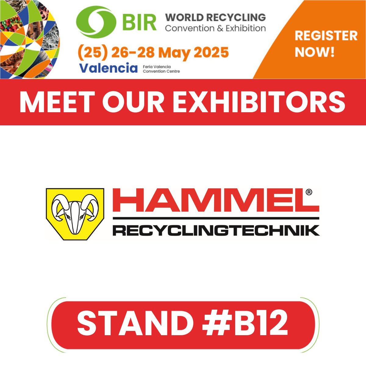 BIRworld's tweet image. 🔧 Meet HAMMEL Recyclingtechnik GmbH at #BIRValencia2025 and discover their #recyclingsolutions for light mixed scrap, white goods, aluminum, car bodies and wood. ♻️

📣 Few stands left — book yours now 👉bir.org/en/bir-valenci…

#RecyclingTechnology #Shredders #CircularEconomy