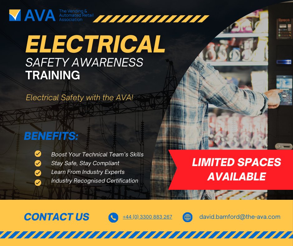 Electrical Safety Awareness Training – New Dates &amp; Locations Across the UK!

📢 Limited spaces available! Find out more about locations and book your place on our website here: shorturl.at/S1rxD

#ProudToBeAVA #ElectricalSafety #VendingIndustry #SafetyTraining