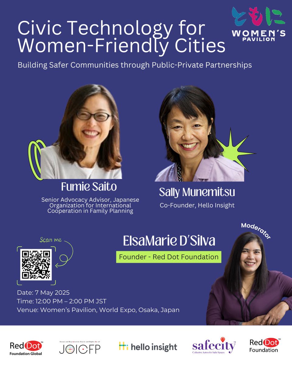 Red Dot Foundation - Safecity (@thesafecityapp) on Twitter photo We’re heading to #EXPO2025 in Osaka, Japan! 🌍
Join us at the Women’s Pavilion for a panel on "Civic Tech for Women-Friendly Cities" with our partners <a href="/NGO_JOICFP/">国際協力NGO ジョイセフ(JOICFP)</a> and <a href="/helloinsightSEL/">Hello Insight</a> ✨
📅 7 May 2025
🕛 12 PM JST
📍<a href="/expo2025_japan/">Expo2025 大阪・関西万博</a>
🎟️ Grab your tickets: expo2025.or.jp/en/ We’re heading to #EXPO2025 in Osaka, Japan! 🌍
Join us at the Women’s Pavilion for a panel on "Civic Tech for Women-Friendly Cities" with our partners <a href="/NGO_JOICFP/">国際協力NGO ジョイセフ(JOICFP)</a> and <a href="/helloinsightSEL/">Hello Insight</a> ✨
📅 7 May 2025
🕛 12 PM JST
📍<a href="/expo2025_japan/">Expo2025 大阪・関西万博</a>
🎟️ Grab your tickets: expo2025.or.jp/en/