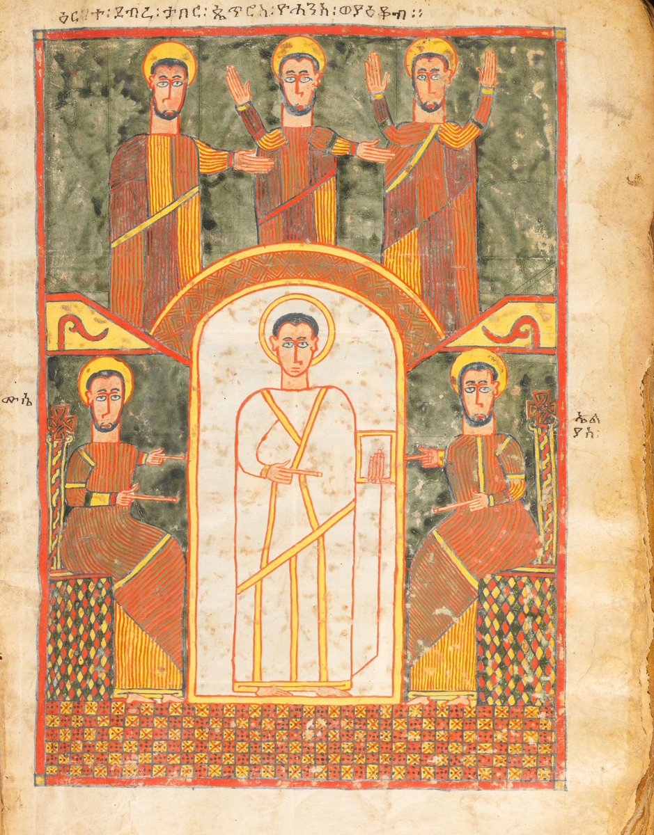 Abyssinia_Vault's tweet photo. This late 14th-century Ethiopian manuscript illumination depicts the Transfiguration of Christ, with Jesus standing alongside Moses and Elijah, while Peter, James, and John witness His face shining with divine light. https://t.co/EncCd916Eb